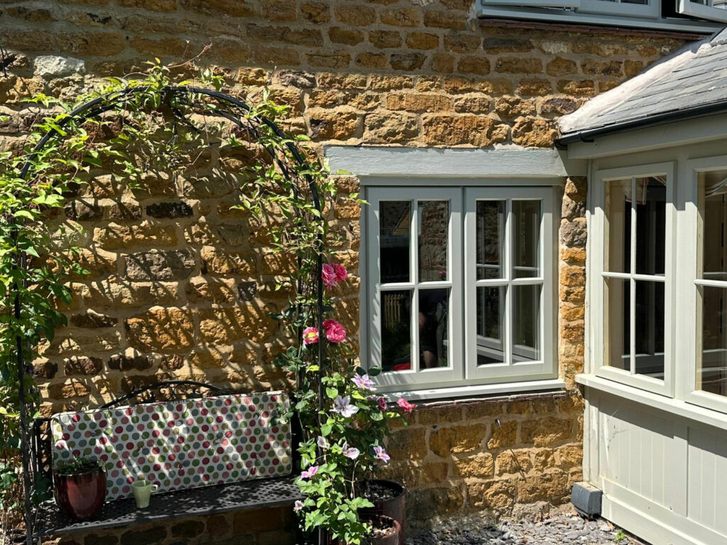 a stormproof window on a stone building