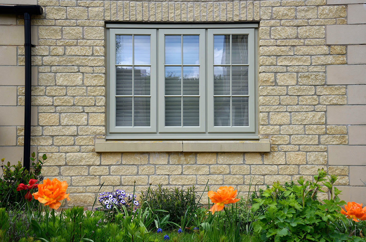 stormproof windows on a cotswold stone property in front of orange flowers