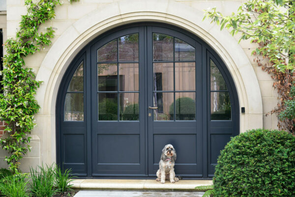 an arched set of blue french doors with a dog sat in front