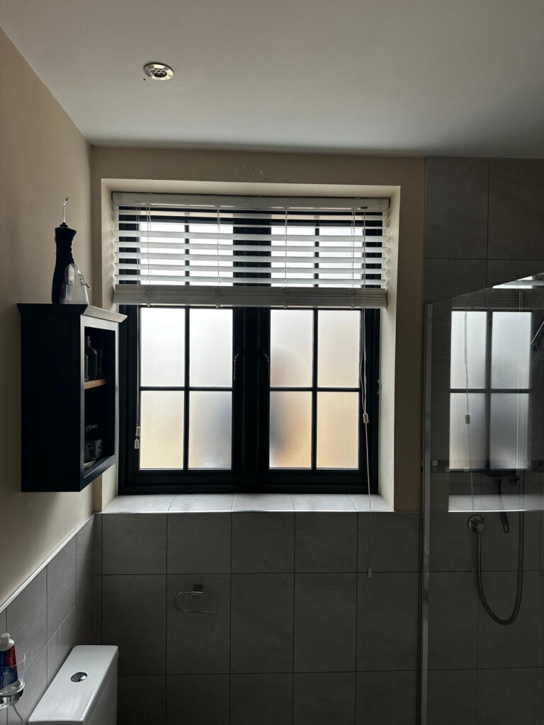 a dark casement window with georgian bars