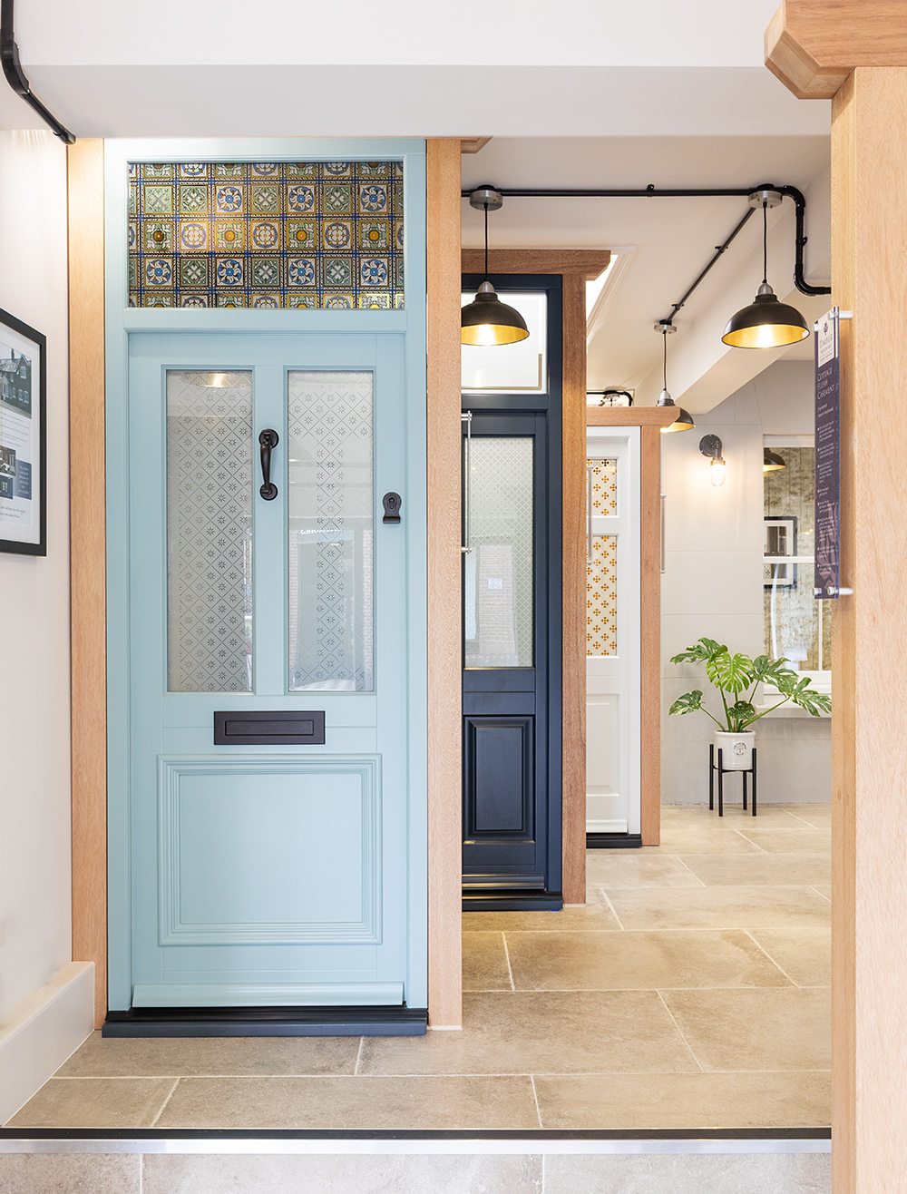 a blue door on display in a showroom